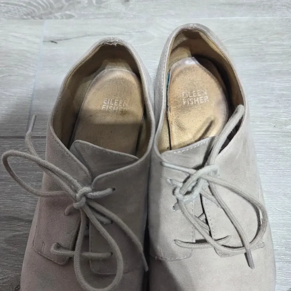 Eileen Fischer Everly Derby Platform Wedge Espadrille Taupe Suede Woman Shoes 9